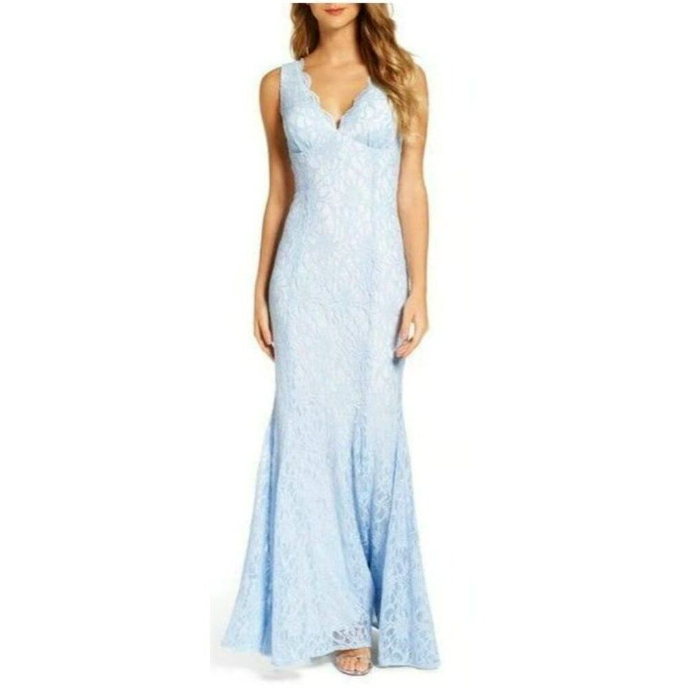 Morgan & CO. Blue V-Neck Glitter‎ Lace Open Back Dress Size 7 NWOT